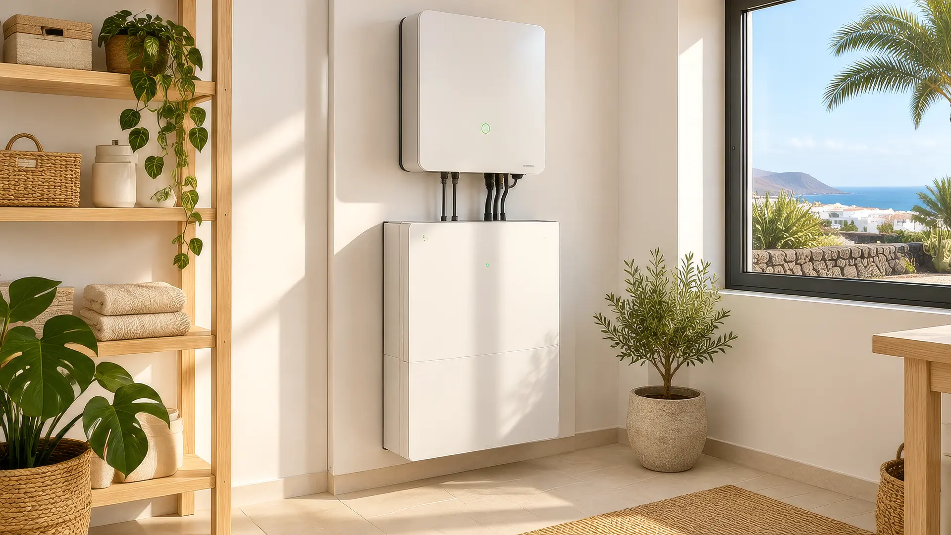 Batería doméstica blanca instalada en la pared de una vivienda
