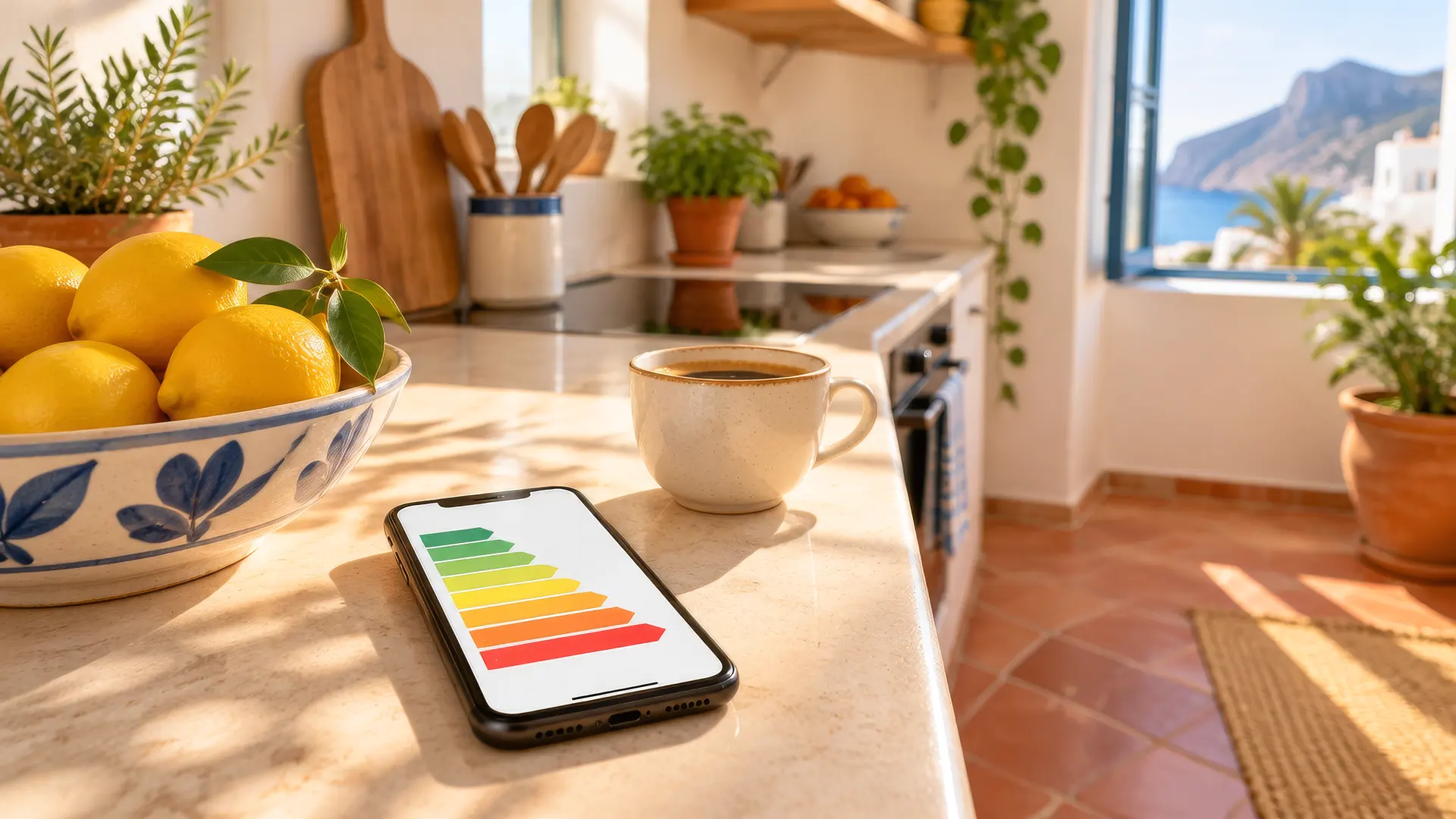 Cocina luminosa por la mañana con un móvil que muestra el consumo de energía