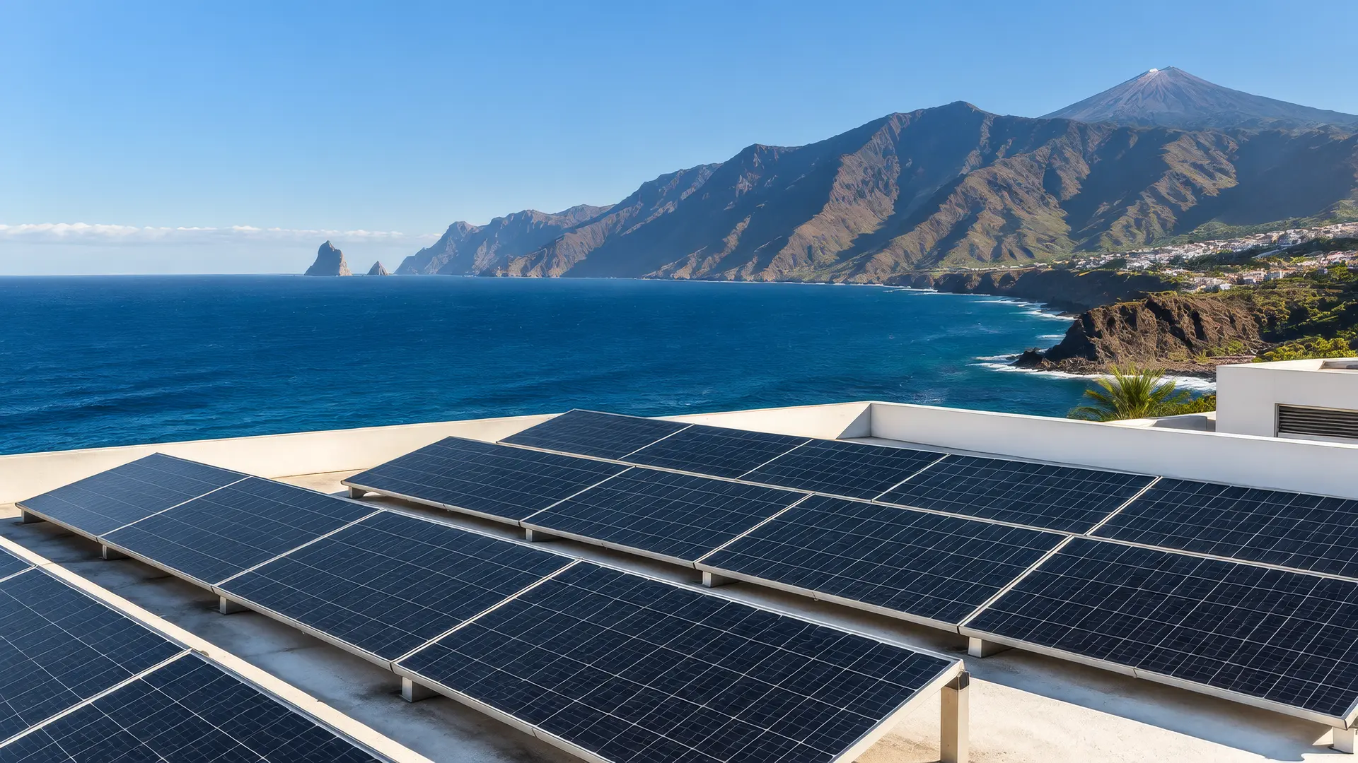 Placas solares en una azotea blanca frente al mar a mediodía
