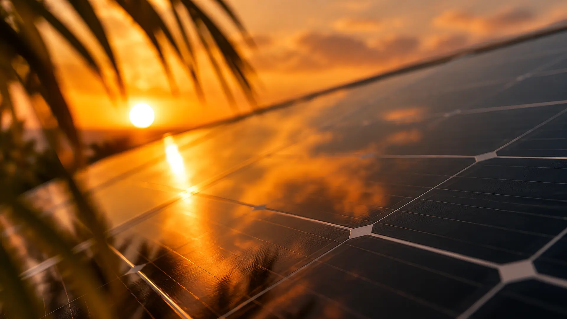 Primer plano de un panel solar reflejando el atardecer entre hojas de palmera