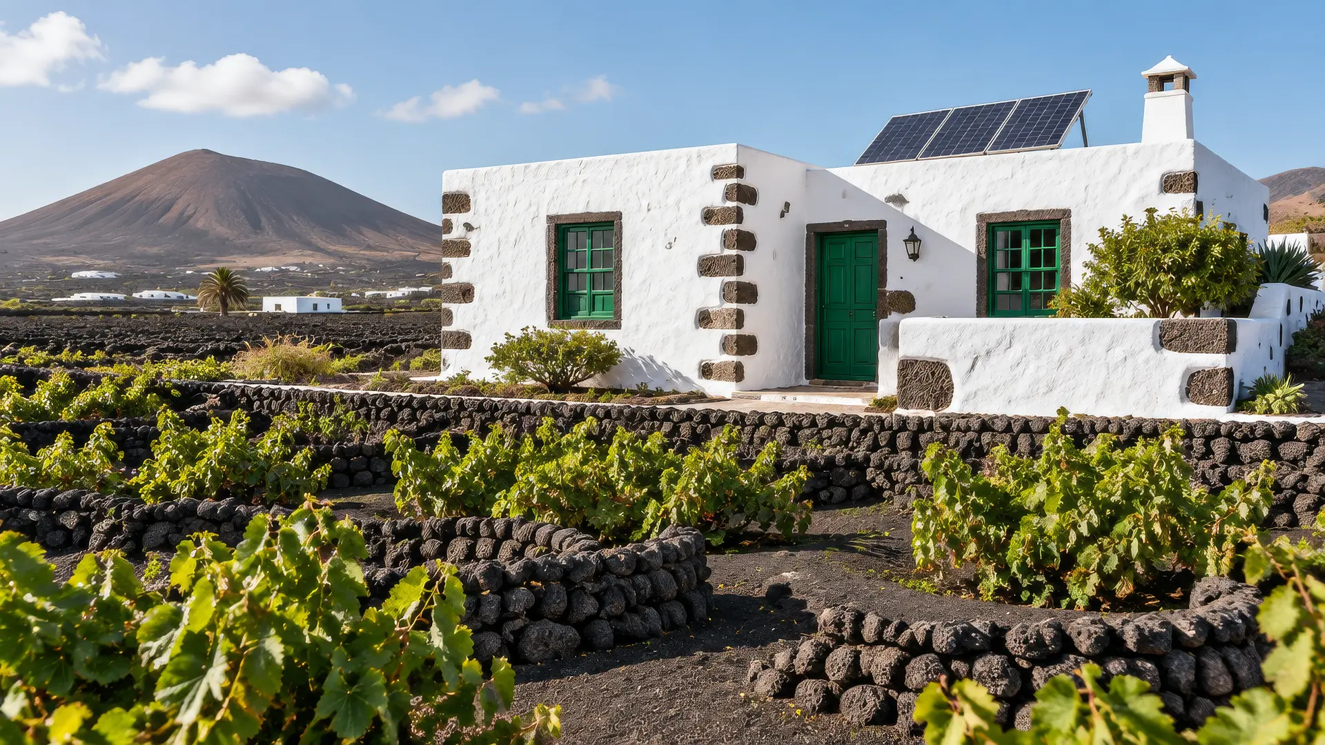 Casa rural de piedra con placas entre viñedos sobre lava