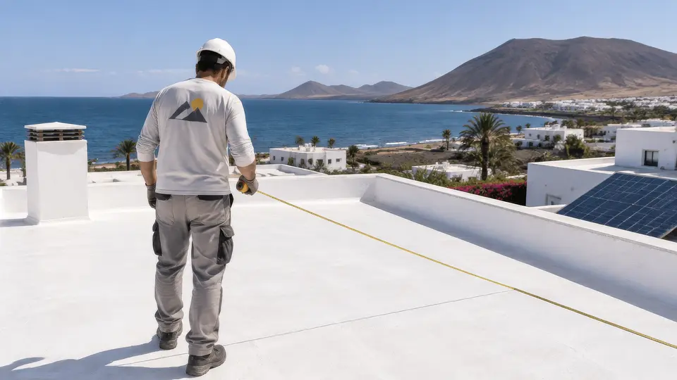 Técnico midiendo una azotea blanca con vistas al mar