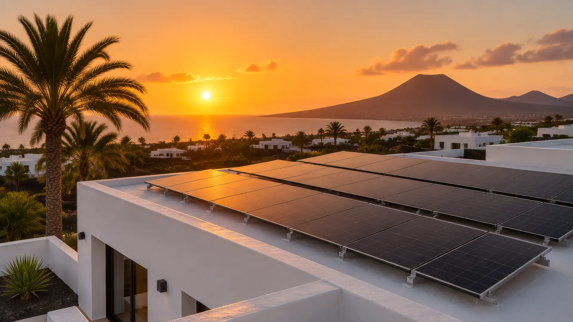 Placas solares en una casa blanca al atardecer con una montaña al fondo