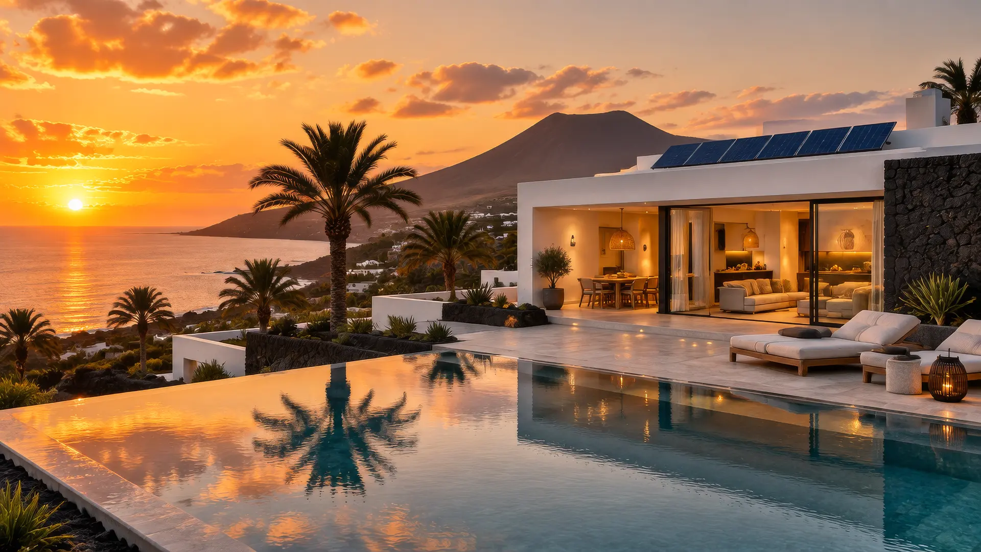Villa con piscina y placas solares al atardecer